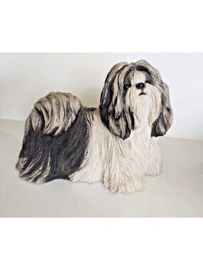Sandicast Shih Tzu Dog Figurine sculpture black, gray, and white show coat